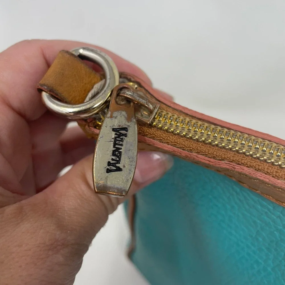 Valentina Italy Teal Blue Pebbled Leather Crossbody Bag Brown Trim Messenger